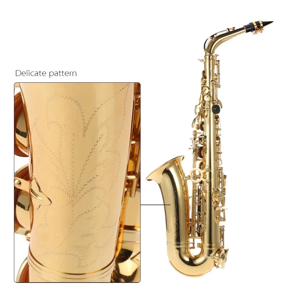 Alto Saxophone Brass Lacquered Gold E Flat Sax 802 Key Type Instrument with Cleaning Brush Cloth Gloves Strap Padded - Image 6