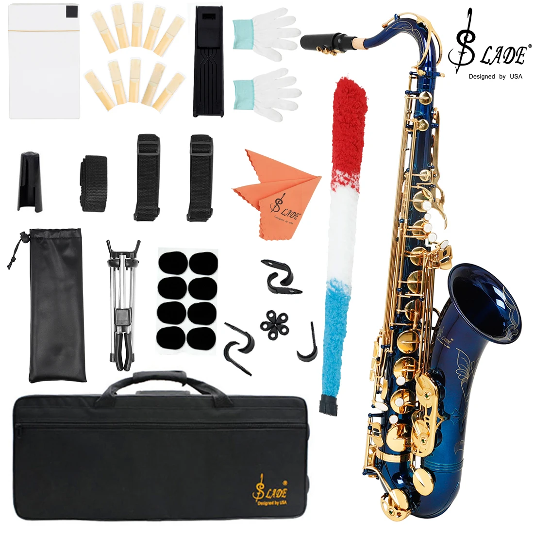 SLADE Bb Tenor Saxophone Blue Gold Key B Flat Tenor Sax Set with Carrying Case Mouthpiece Cleaning Brush Accessories - Image 9