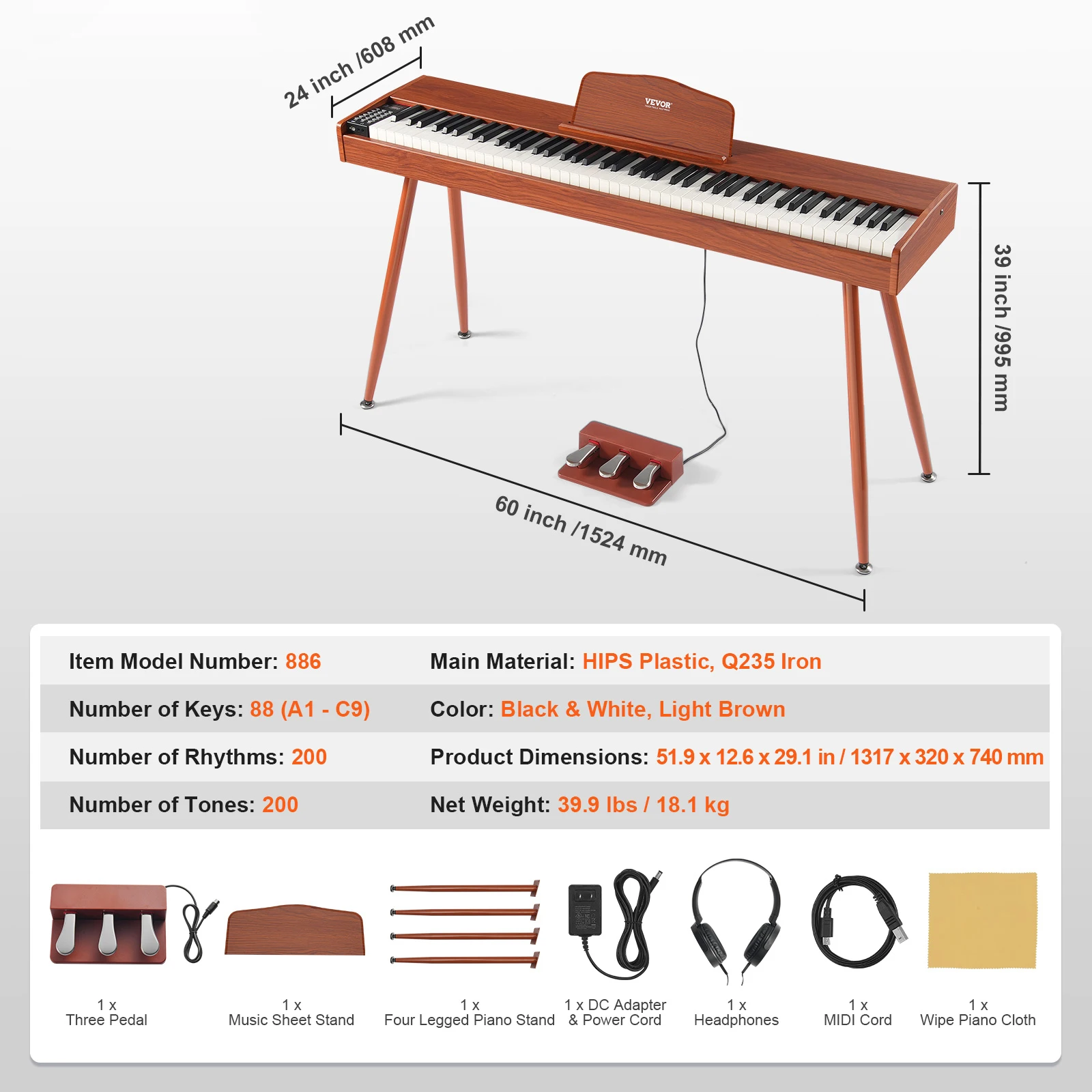 SucceBuy Weighted Digital Piano 88 Key Fully Weighted Keys Electric Piano Keyboard & Speakers 200 Tones & Rhythms for Beginner - Image 7