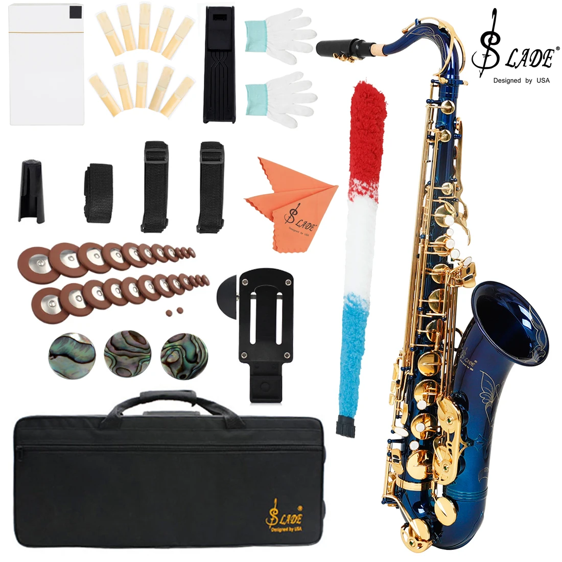 SLADE Bb Tenor Saxophone Blue Gold Key B Flat Tenor Sax Set with Carrying Case Mouthpiece Cleaning Brush Accessories - Image 8