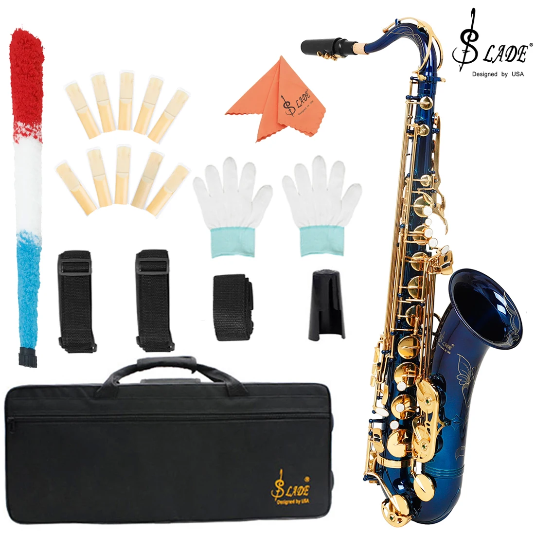 SLADE Bb Tenor Saxophone Blue Gold Key B Flat Tenor Sax Set with Carrying Case Mouthpiece Cleaning Brush Accessories - Image 7