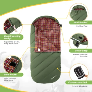 KingCamp Sleeping Bag for Adults, Cold Weather & Warm Extra Wide Big & Tall XL Portable Waterproof Flannel Sleeping Bags, Essent