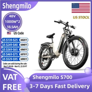 Shengmilo S700 Adult 1000W*2 E-bike Men's E-Mountain ebike with Two Motor, 48V18.5AH Battery,26" Fat Tire Electric Bike