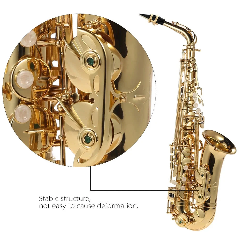 Alto Saxophone Brass Lacquered Gold E Flat Sax 802 Key Type Instrument with Cleaning Brush Cloth Gloves Strap Padded - Image 4