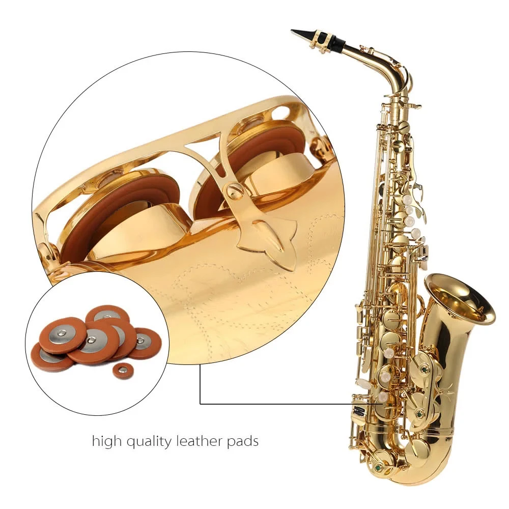Alto Saxophone Brass Lacquered Gold E Flat Sax 802 Key Type Instrument with Cleaning Brush Cloth Gloves Strap Padded - Image 5